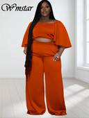 Dvojdielne sety Wmstar Plus Size pre ženy, jednofarebné topy a nohavice s odhalenými ramenami, široké nohavice, veľkoobchod, dropshopping