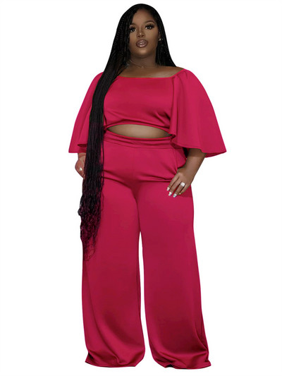 Dvojdielne sety Wmstar Plus Size pre ženy, jednofarebné topy a nohavice s odhalenými ramenami, široké nohavice, veľkoobchod, dropshopping