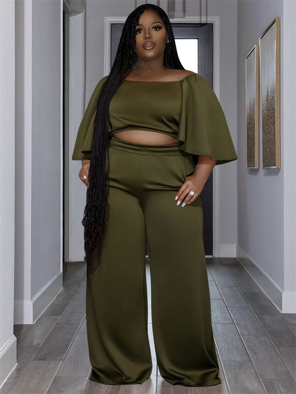 Dvojdielne sety Wmstar Plus Size pre ženy, jednofarebné topy a nohavice s odhalenými ramenami, široké nohavice, veľkoobchod, dropshopping