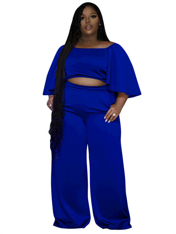 Dvojdielne sety Wmstar Plus Size pre ženy, jednofarebné topy a nohavice s odhalenými ramenami, široké nohavice, veľkoobchod, dropshopping