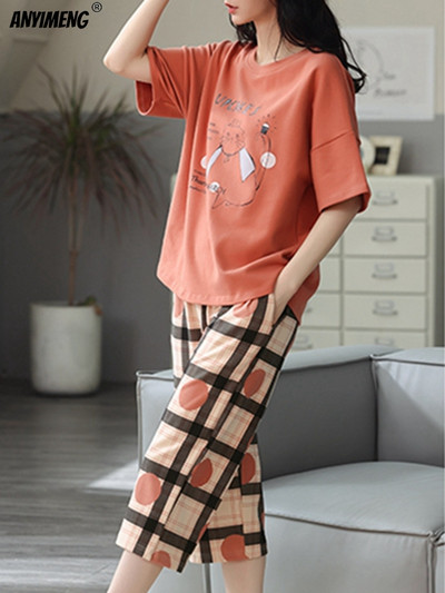 M-5XL Quarter Παντελόνι Καλοκαιρινές Πιτζάμες Γυναικείες Kawaii Πολυεστέρα Γυναικεία Σαλόνια Fashion Pj Sets Cute Girls Chic Pijama με λαιμόκοψη