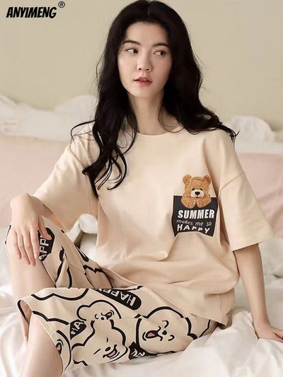 M-5XL Quarter Παντελόνι Καλοκαιρινές Πιτζάμες Γυναικείες Kawaii Πολυεστέρα Γυναικεία Σαλόνια Fashion Pj Sets Cute Girls Chic Pijama με λαιμόκοψη