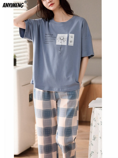 M-5XL Quarter Παντελόνι Καλοκαιρινές Πιτζάμες Γυναικείες Kawaii Πολυεστέρα Γυναικεία Σαλόνια Fashion Pj Sets Cute Girls Chic Pijama με λαιμόκοψη