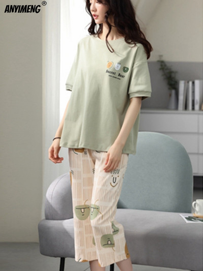 M-5XL Quarter Παντελόνι Καλοκαιρινές Πιτζάμες Γυναικείες Kawaii Πολυεστέρα Γυναικεία Σαλόνια Fashion Pj Sets Cute Girls Chic Pijama με λαιμόκοψη