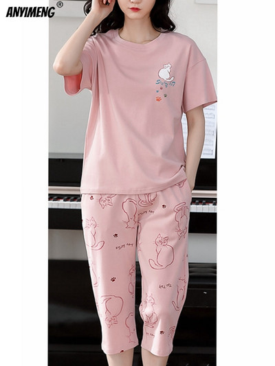 M-5XL Quarter Παντελόνι Καλοκαιρινές Πιτζάμες Γυναικείες Kawaii Πολυεστέρα Γυναικεία Σαλόνια Fashion Pj Sets Cute Girls Chic Pijama με λαιμόκοψη