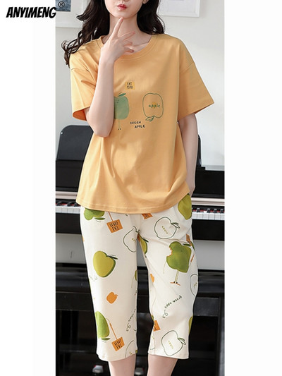 M-5XL Quarter Παντελόνι Καλοκαιρινές Πιτζάμες Γυναικείες Kawaii Πολυεστέρα Γυναικεία Σαλόνια Fashion Pj Sets Cute Girls Chic Pijama με λαιμόκοψη