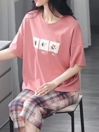 M-5XL Quarter Παντελόνι Καλοκαιρινές Πιτζάμες Γυναικείες Kawaii Πολυεστέρα Γυναικεία Σαλόνια Fashion Pj Sets Cute Girls Chic Pijama με λαιμόκοψη