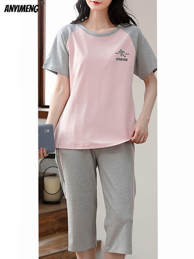 M-5XL Quarter Παντελόνι Καλοκαιρινές Πιτζάμες Γυναικείες Kawaii Πολυεστέρα Γυναικεία Σαλόνια Fashion Pj Sets Cute Girls Chic Pijama με λαιμόκοψη