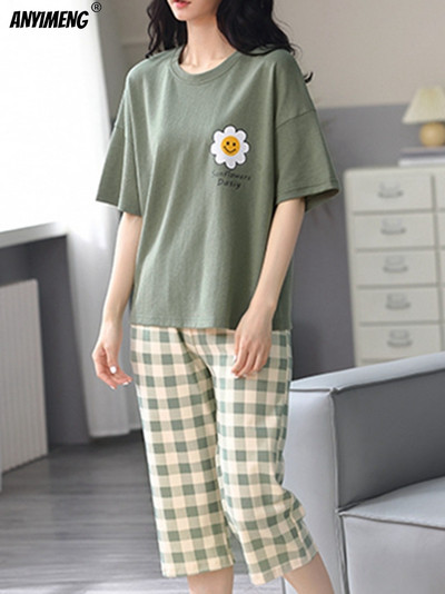 M-5XL Quarter Παντελόνι Καλοκαιρινές Πιτζάμες Γυναικείες Kawaii Πολυεστέρα Γυναικεία Σαλόνια Fashion Pj Sets Cute Girls Chic Pijama με λαιμόκοψη