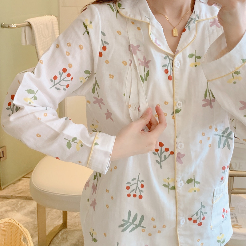 Γυναικείες πιτζάμες θηλασμού μητρότητας Πυτζάμες μετά τον τοκετό Θηλασμό Γάζα από καθαρό βαμβάκι Λεπτή 2 τμχ/Σετ Νυχτερινά ρούχα ύπνου