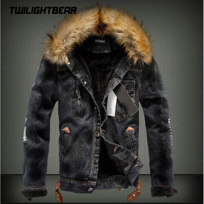 Talvine Meeste Denim Jakcet Fliis Vintage riided Suure karusnaha krae Paks vabaaja jope Mantel Meeste Rõivad Joped S-6XL AF41