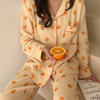 Costum de acasă din bumbac Kawaii Lenjerie de dormit coreeană Pijama cu imprimeu portocaliu pentru femei Pijama de toamnă Pantaloni cu mânecă lungă Set 2 piese Lenjerie de noapte
