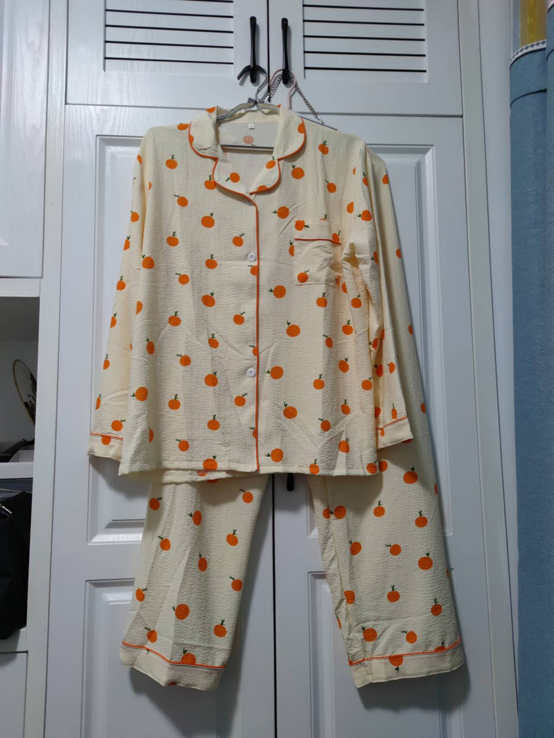 Costum de acasă din bumbac Kawaii Lenjerie de dormit coreeană Pijama cu imprimeu portocaliu pentru femei Pijama de toamnă Pantaloni cu mânecă lungă Set 2 piese Lenjerie de noapte