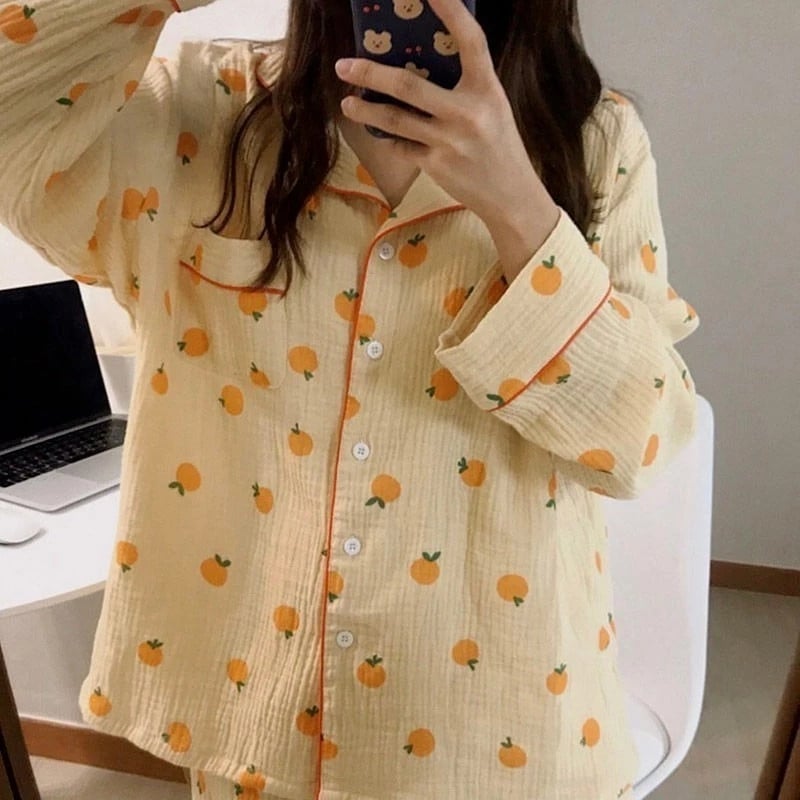 Costum de acasă din bumbac Kawaii Lenjerie de dormit coreeană Pijama cu imprimeu portocaliu pentru femei Pijama de toamnă Pantaloni cu mânecă lungă Set 2 piese Lenjerie de noapte