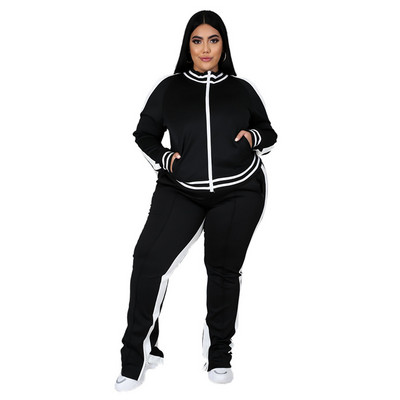 Plus Size L-5XL Σετ δύο τεμαχίων Γυναικεία Φούτερ Φούτερ με φερμουάρ με ριγέ επάνω σχισμή Jogger σετ ταιριάσματος σετ ταιριάσματος χονδρικής Dropshipping