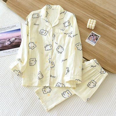 2023 Άνοιξη και Φθινόπωρο Νέες γυναικείες πιτζάμες σετ δύο τεμαχίων 100% βαμβακερό μακρυμάνικο παντελόνι Simple casual σετ επίπλου σπιτιού