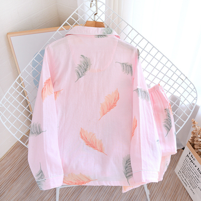 Нова пролетна и лятна дамска пижама от 100% памучна марля с дълги ръкави и големи размери, тънък комплект дамски комплект с щампа от две части