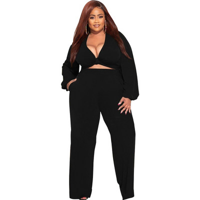 Φθινοπωρινά Γυναικεία Ρούχα Συν το μέγεθος δύο τεμαχίων Σετ V λαιμόκοψη επάνω φαρδύ παντελόνι στο πόδι Κομψό Streetwear Χονδρική Dropshipping