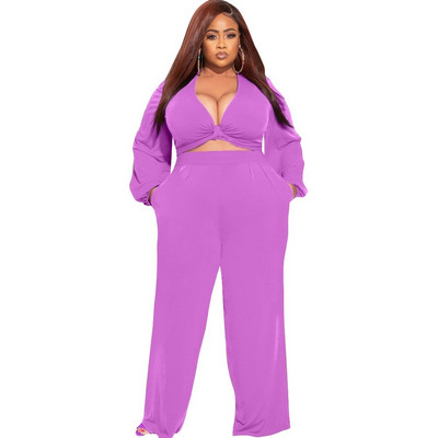 Φθινοπωρινά Γυναικεία Ρούχα Συν το μέγεθος δύο τεμαχίων Σετ V λαιμόκοψη επάνω φαρδύ παντελόνι στο πόδι Κομψό Streetwear Χονδρική Dropshipping