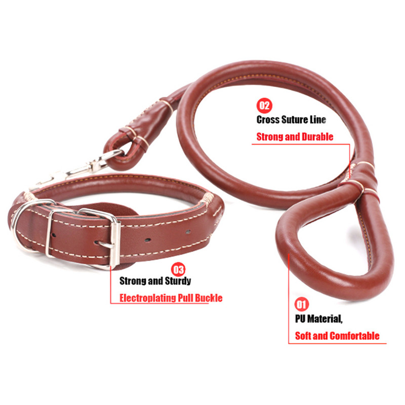 Set guler și lesă pentru câini din piele PU groasă Lesă rotundă, puternică, pentru dresaj pentru câinele mic, mijlociu mare