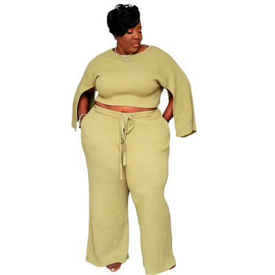 Uus suures suuruses naisteriiete kaheosaline komplekt vabaaja libisevate varrukatega, ribidega ülivenivad elegantsed pükstekomplektid, hulgimüük