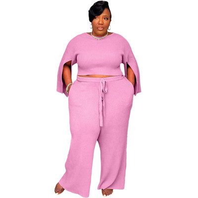 Uus suures suuruses naisteriiete kaheosaline komplekt vabaaja libisevate varrukatega, ribidega ülivenivad elegantsed pükstekomplektid, hulgimüük