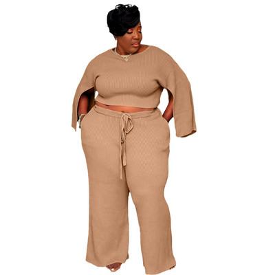 Uus suures suuruses naisteriiete kaheosaline komplekt vabaaja libisevate varrukatega, ribidega ülivenivad elegantsed pükstekomplektid, hulgimüük