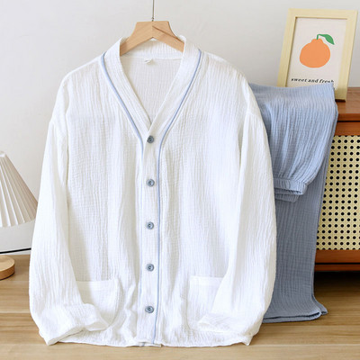 Γιαπωνέζικη νέα γυναικεία πιτζάμες μακρυμάνικο παντελόνι σετ δύο τεμαχίων από 100% βαμβάκι κρεπ σαλονάκια με λαιμόκοψη V λεπτό κοστούμι