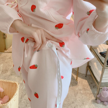 Сладки шарки с щампи с дълъг ръкав и дантелена пачуърк жилетка за кърмачки + панталон Комплект пижами за бременни от две части Зимно спално облекло