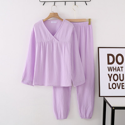 Új tavaszi és őszi női pizsama hosszú ujjú nadrág kétrészes szett 100% pamut krepp V-nyakú pizsama garnitúra otthoni hálóruha