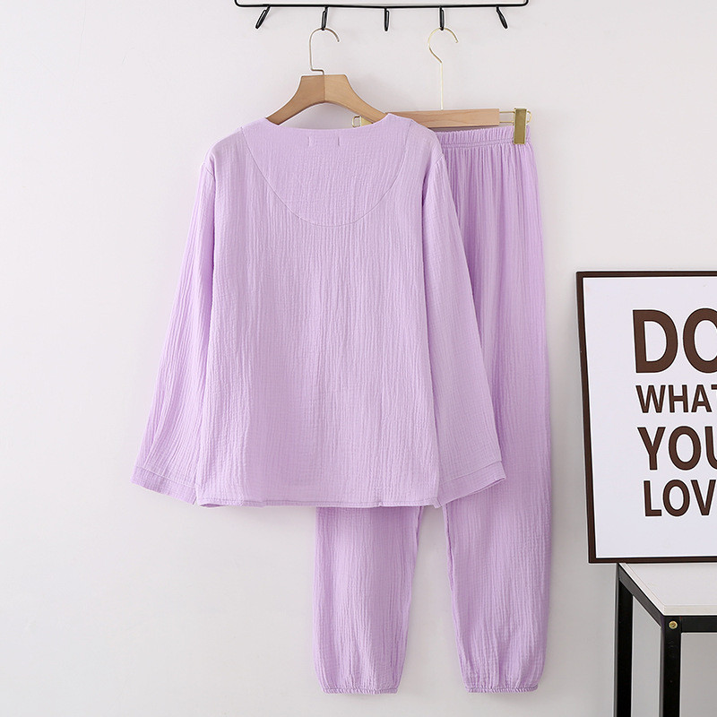 Új tavaszi és őszi női pizsama hosszú ujjú nadrág kétrészes szett 100% pamut krepp V-nyakú pizsama garnitúra otthoni hálóruha