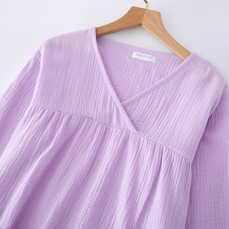 Új tavaszi és őszi női pizsama hosszú ujjú nadrág kétrészes szett 100% pamut krepp V-nyakú pizsama garnitúra otthoni hálóruha