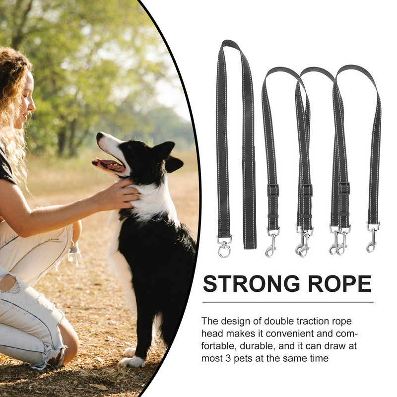 Lesă pentru câini rezistentă, cu trei căi, lesă triplă reflectorizată pentru plimbare pentru câini, cu mâner puternic