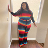 Σετ φθινοπωρινού ρουχισμού σε μεγάλο μέγεθος δύο τεμαχίων γυναικεία ριγέ λουράκι με κορυφαία ελαστική μέση σετ παντελονιών φαρδύ πόδι Χονδρική Dropshipping