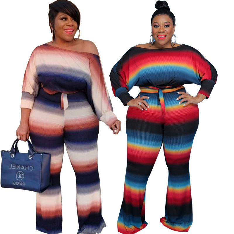 Σετ φθινοπωρινού ρουχισμού σε μεγάλο μέγεθος δύο τεμαχίων γυναικεία ριγέ λουράκι με κορυφαία ελαστική μέση σετ παντελονιών φαρδύ πόδι Χονδρική Dropshipping