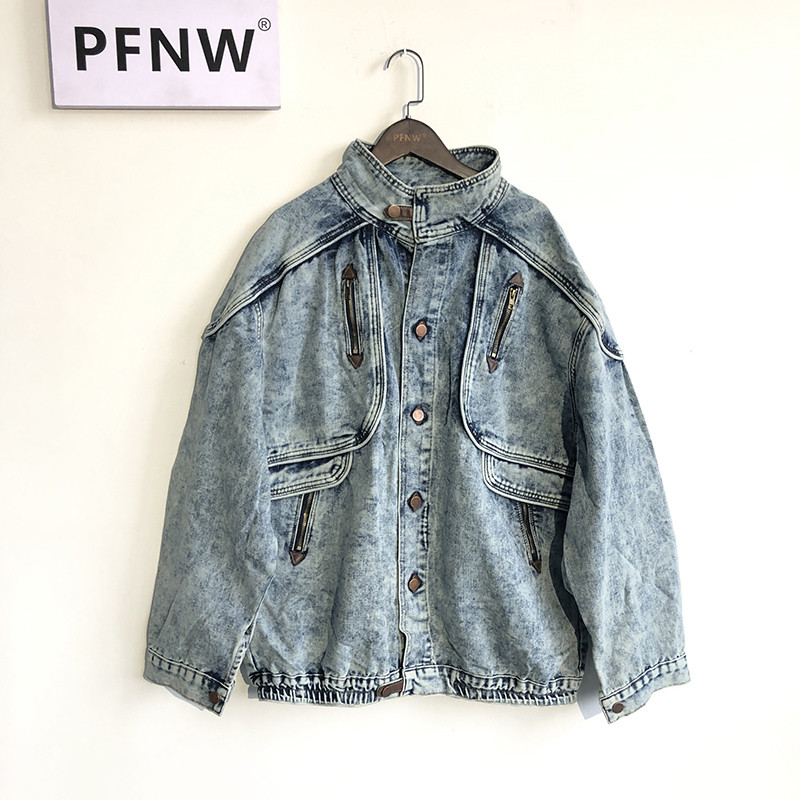 PFNW uued vintage teksajoped, meeste õhukesed soliidsed vabaaja teksamantel, moekas krae Moto Biker High Street Tide Outwears 12A5983