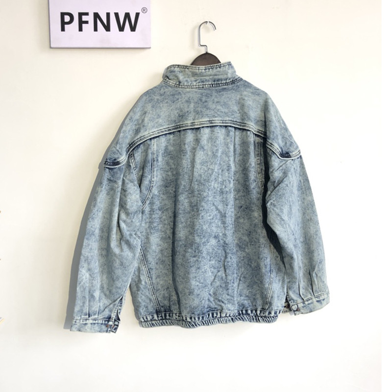 PFNW uued vintage teksajoped, meeste õhukesed soliidsed vabaaja teksamantel, moekas krae Moto Biker High Street Tide Outwears 12A5983