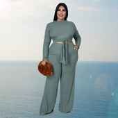 Σετ δύο τεμαχίων γυναικεία ενδύματα σε μεγάλο μέγεθος Σετ καθαρού χρώματος που ταιριάζουν με μακριά μανίκια φθινοπωρινά ρούχα Casual outfits Χονδρική Dropshipping