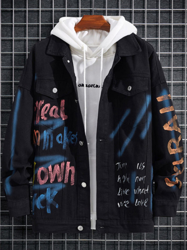 Kovbojská nová hip hopová elegantná džínsová bunda s potlačou písmen, pánska ležérna streetwear krátka voľná džínsová bunda, pánska jarná bunda