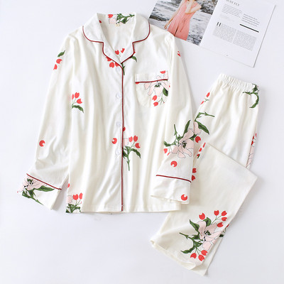 Kevad ja sügis Uued tooted Naistele Pure Cotton Plus Size Kodurõivad Kootud pikkade varrukatega püksid Pidžaamakomplekt kaheosaline komplekt naistele