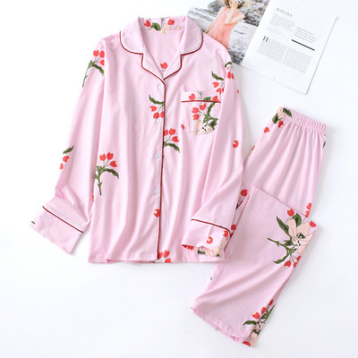 Kevad ja sügis Uued tooted Naistele Pure Cotton Plus Size Kodurõivad Kootud pikkade varrukatega püksid Pidžaamakomplekt kaheosaline komplekt naistele