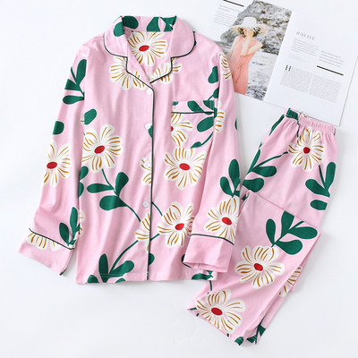 Kevad ja sügis Uued tooted Naistele Pure Cotton Plus Size Kodurõivad Kootud pikkade varrukatega püksid Pidžaamakomplekt kaheosaline komplekt naistele