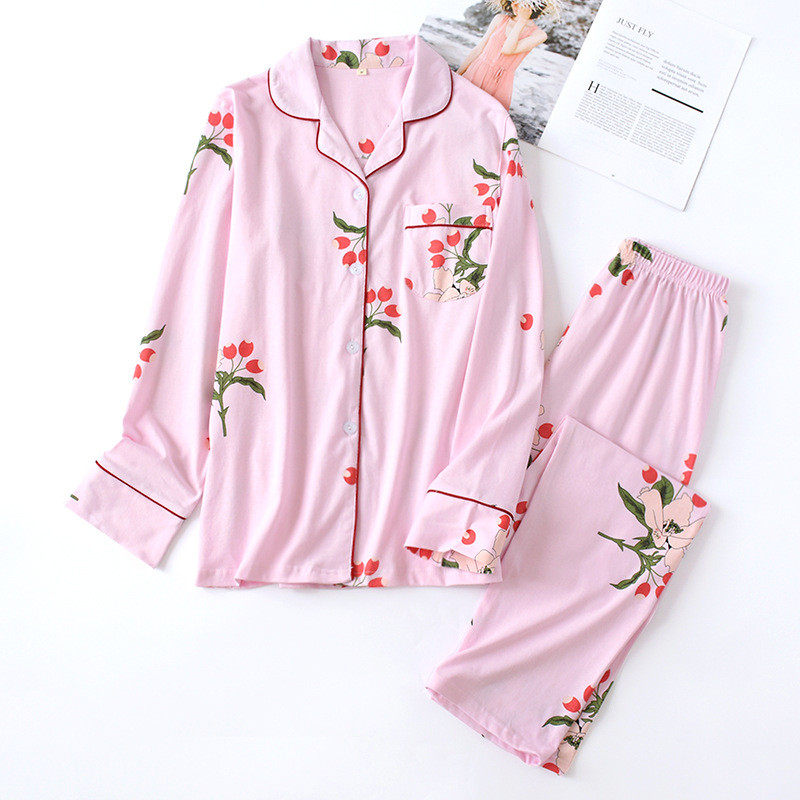 Kevad ja sügis Uued tooted Naistele Pure Cotton Plus Size Kodurõivad Kootud pikkade varrukatega püksid Pidžaamakomplekt kaheosaline komplekt naistele