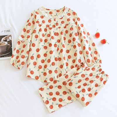 Új tavaszi és őszi női pizsama hosszú ujjú nadrág öltöny pamut géz csipkegallér légáteresztő otthoni szerviz kétrészes szett