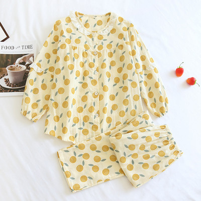 Új tavaszi és őszi női pizsama hosszú ujjú nadrág öltöny pamut géz csipkegallér légáteresztő otthoni szerviz kétrészes szett