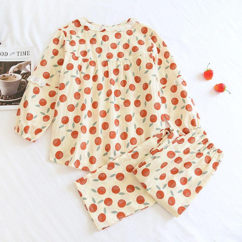 Új tavaszi és őszi női pizsama hosszú ujjú nadrág öltöny pamut géz csipkegallér légáteresztő otthoni szerviz kétrészes szett