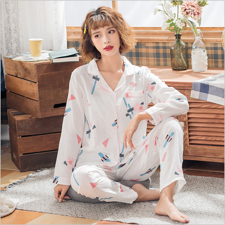 Ιαπωνική άνοιξη και φθινόπωρο σετ γυναικείες πιτζάμες από 100% βαμβακερή γάζα, λεπτό μαλακό οικιακό ντύσιμο, μακρυμάνικο παντελόνι για γυναίκες
