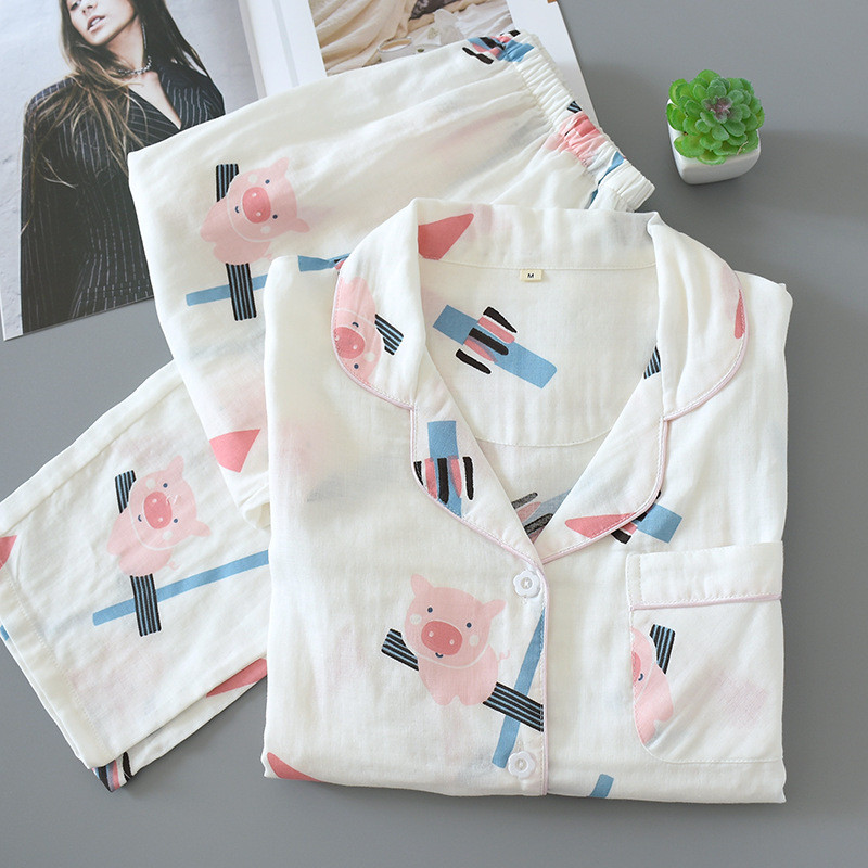 Ιαπωνική άνοιξη και φθινόπωρο σετ γυναικείες πιτζάμες από 100% βαμβακερή γάζα, λεπτό μαλακό οικιακό ντύσιμο, μακρυμάνικο παντελόνι για γυναίκες