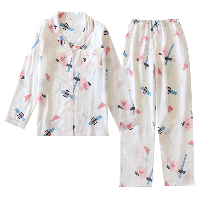 Ιαπωνική άνοιξη και φθινόπωρο σετ γυναικείες πιτζάμες από 100% βαμβακερή γάζα, λεπτό μαλακό οικιακό ντύσιμο, μακρυμάνικο παντελόνι για γυναίκες