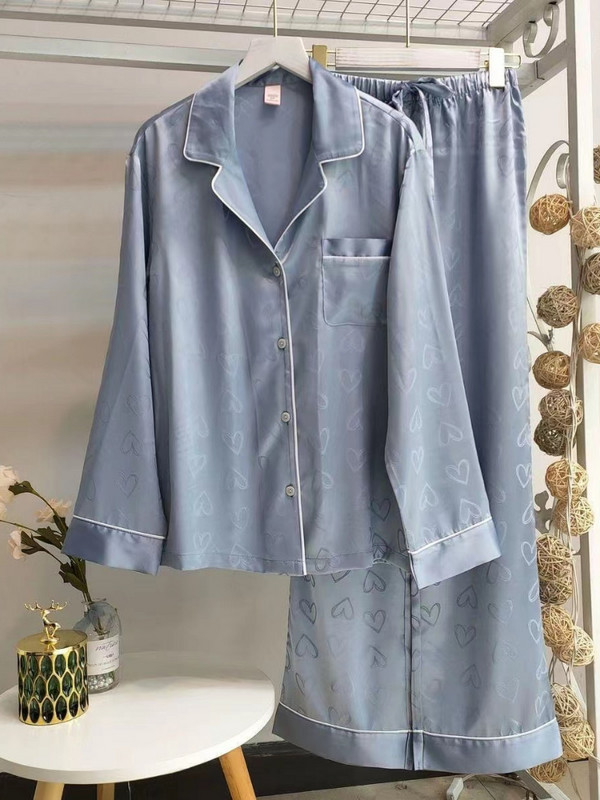 Kevadsügis 2-osaline prinditud südamega naiste magamisriided Kunstsiidist satiinist pidžaamakomplekt pikkade varrukatega magamisriided pidžaamaülikond Naiste koduriided